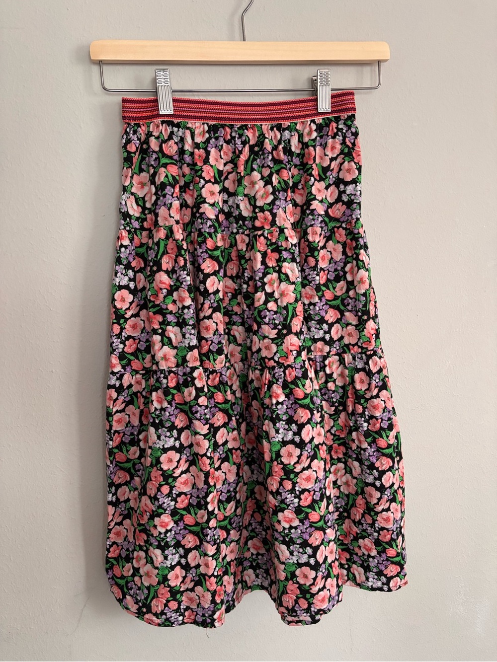 Zara Kids 13/14 Tiered Floral Midi Skirt in Pink & Black NWOT